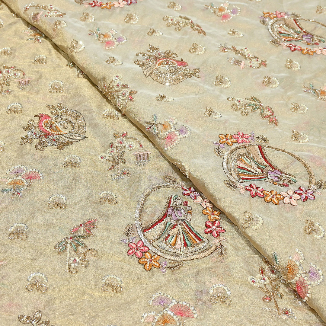 Bemberg Tissue Zari Moti Sequins Embroidery Fabric | Luxury Designer Fabric | KF2840