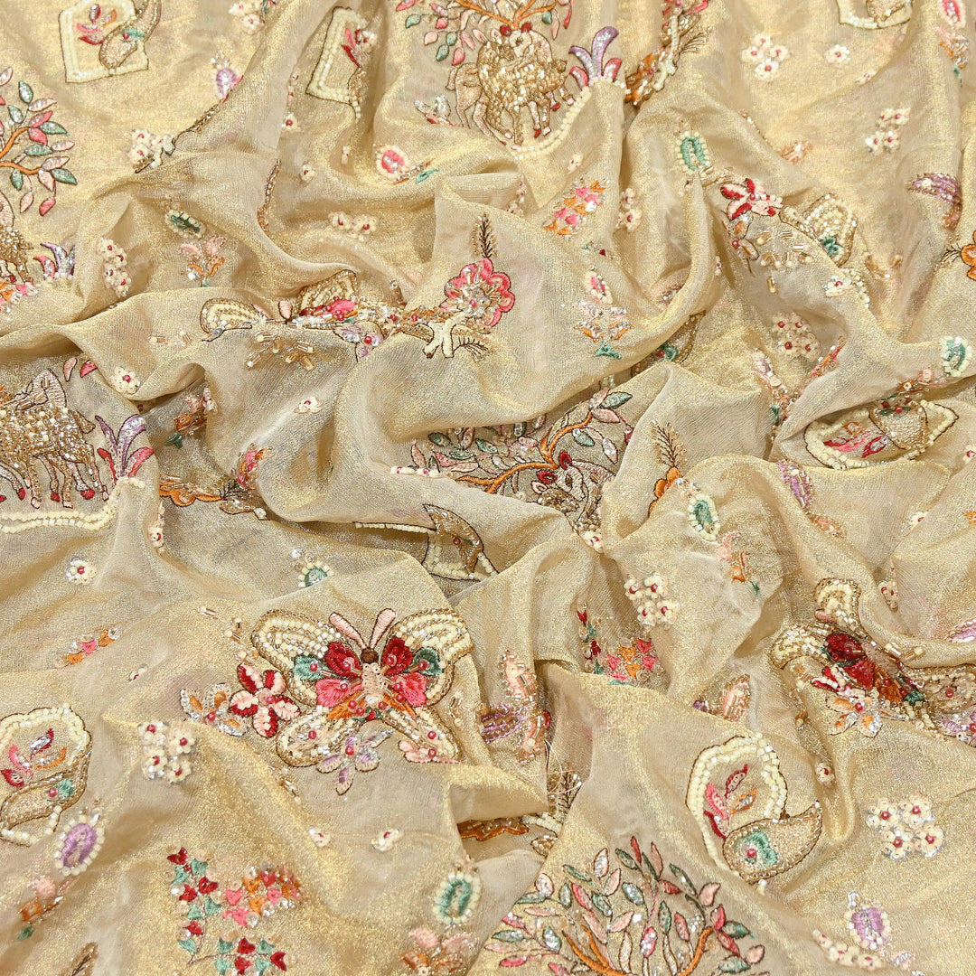 Bemberg Tissue Zari Moti Sequins Embroidery Fabric | Luxury Designer Fabric | KF2839