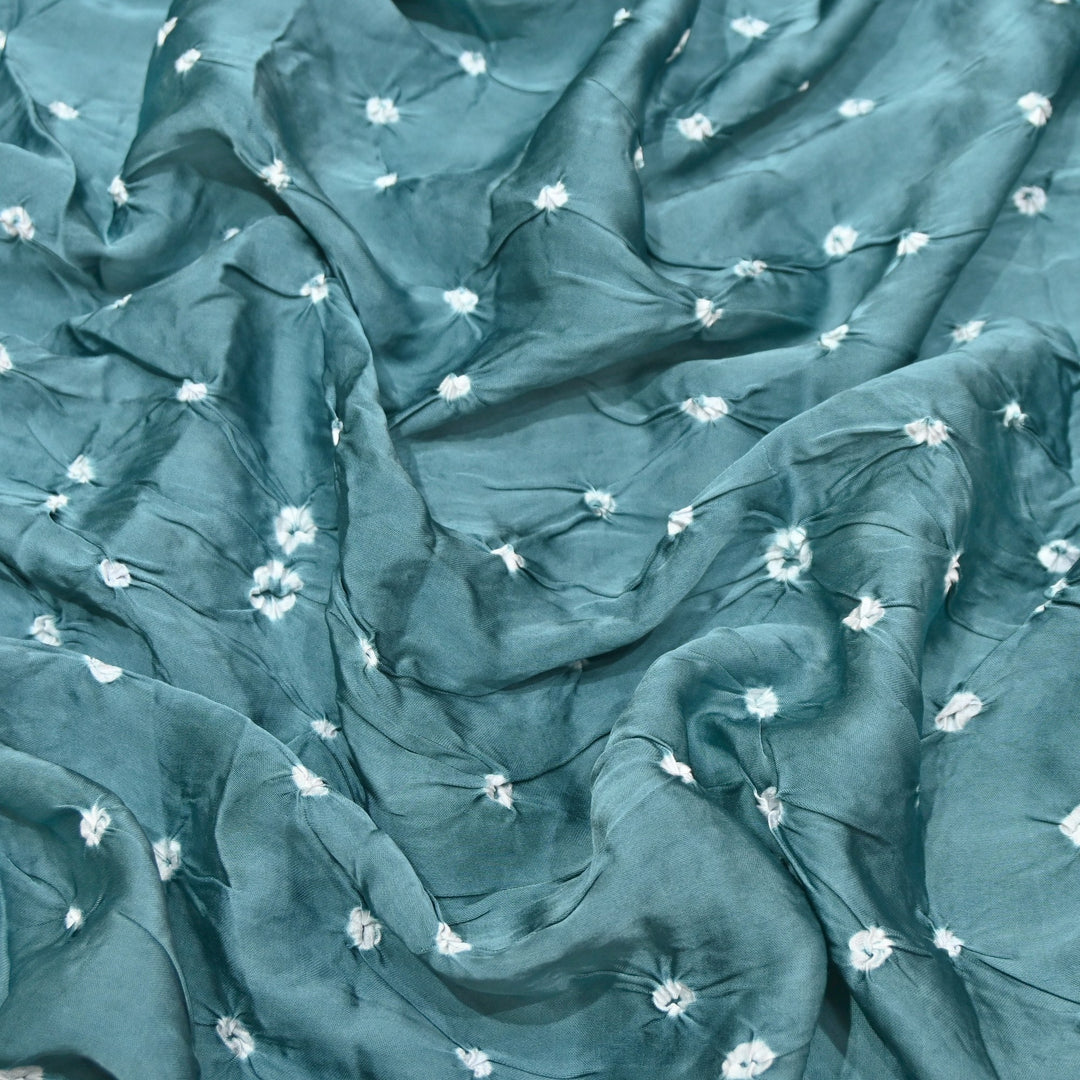 Sea Mist Teal color Bemberg Satin Digital Bandhani Print Designer Fabric GT0001-9