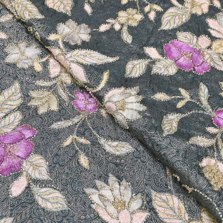 Elegant Dola Position Print Fabric with Zari & Moti Embroidery | V2966C-01
