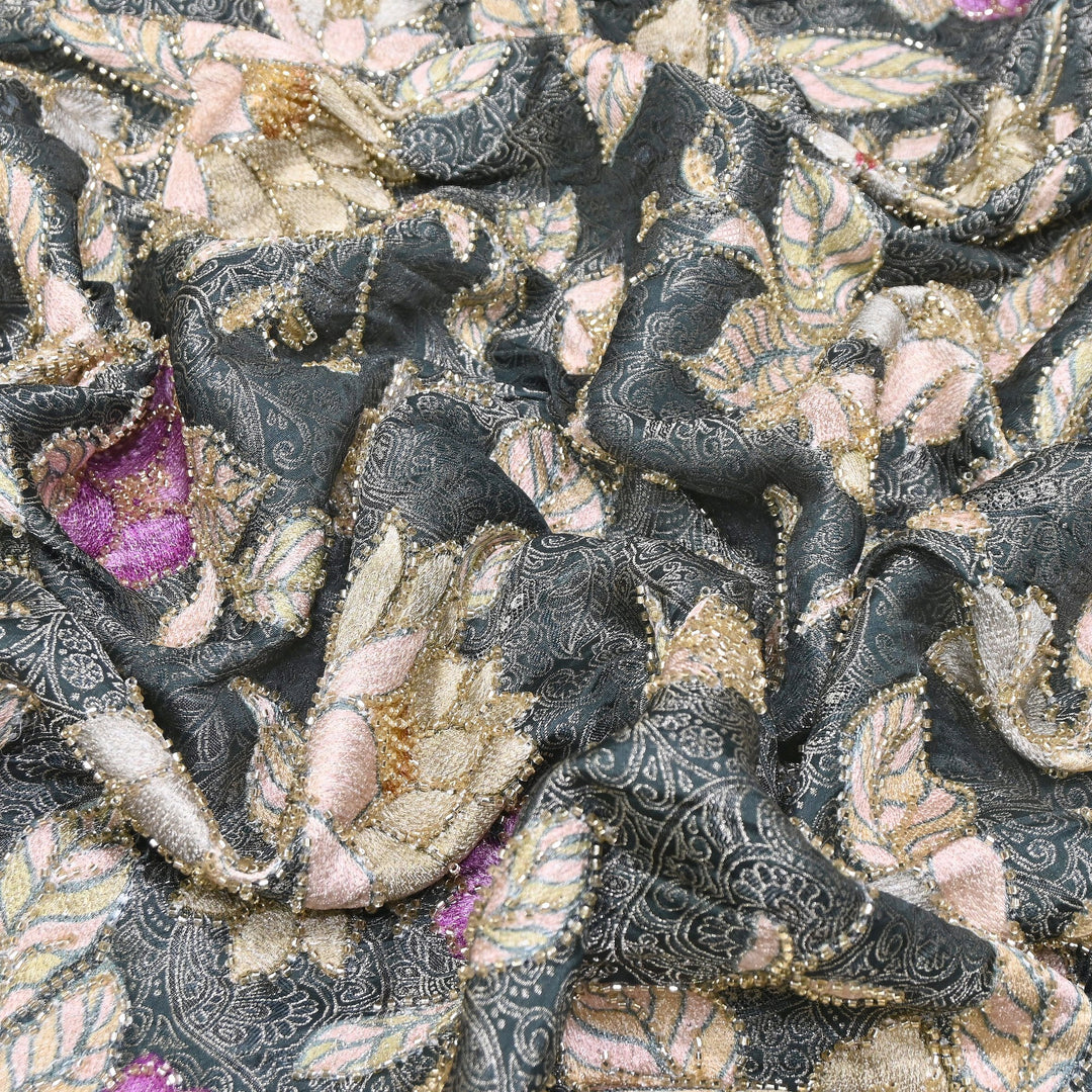 Elegant Dola Position Print Fabric with Zari & Moti Embroidery | V2966C-01