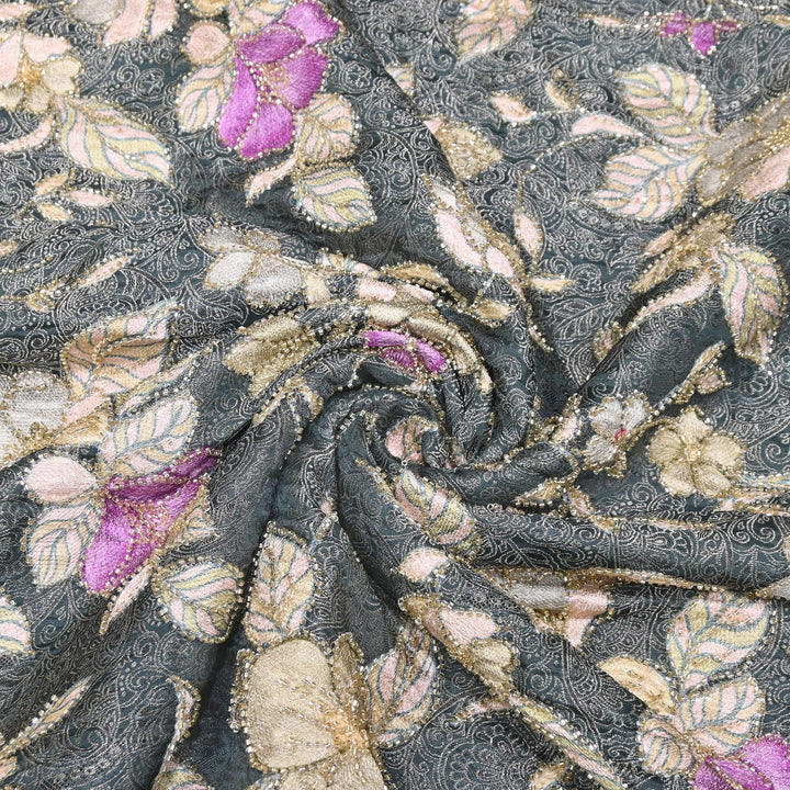 Elegant Dola Position Print Fabric with Zari & Moti Embroidery | V2966C-01
