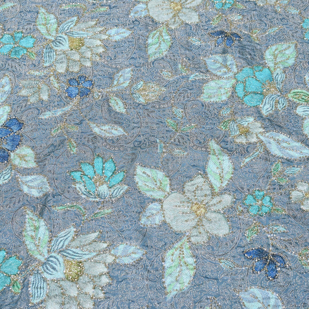 Elegant Dola Position Print Fabric with Zari & Moti Embroidery | V2966C-02