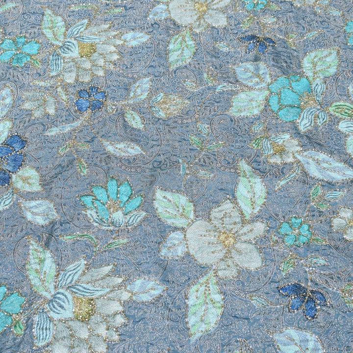 Elegant Dola Position Print Fabric with Zari & Moti Embroidery | V2966C-02