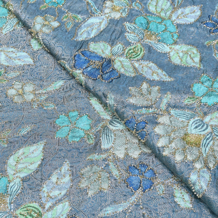 Elegant Dola Position Print Fabric with Zari & Moti Embroidery | V2966C-02
