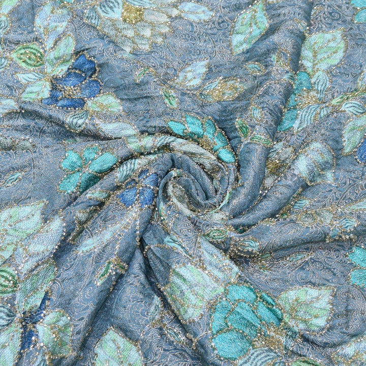 Elegant Dola Position Print Fabric with Zari & Moti Embroidery | V2966C-02