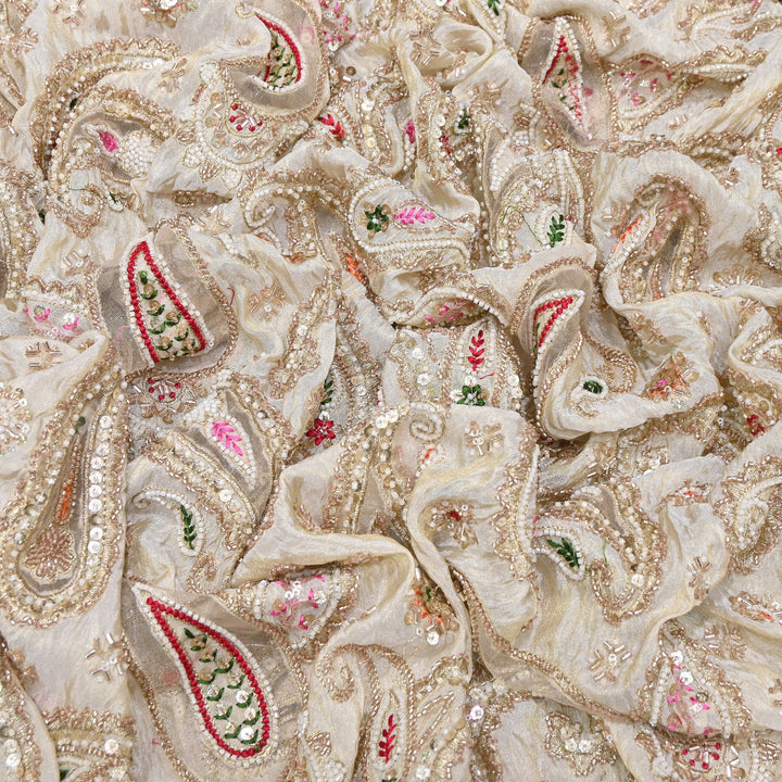Premium Tissue Zari Moti & Sequins Embroidery Fabric | Elegant Designer Party Wear Fabric | V2772C