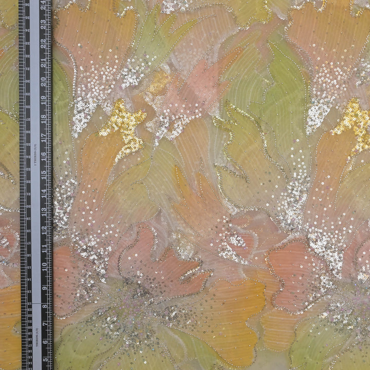 Lemon Yellow Imported Net Fabric with Sequins Embroidery