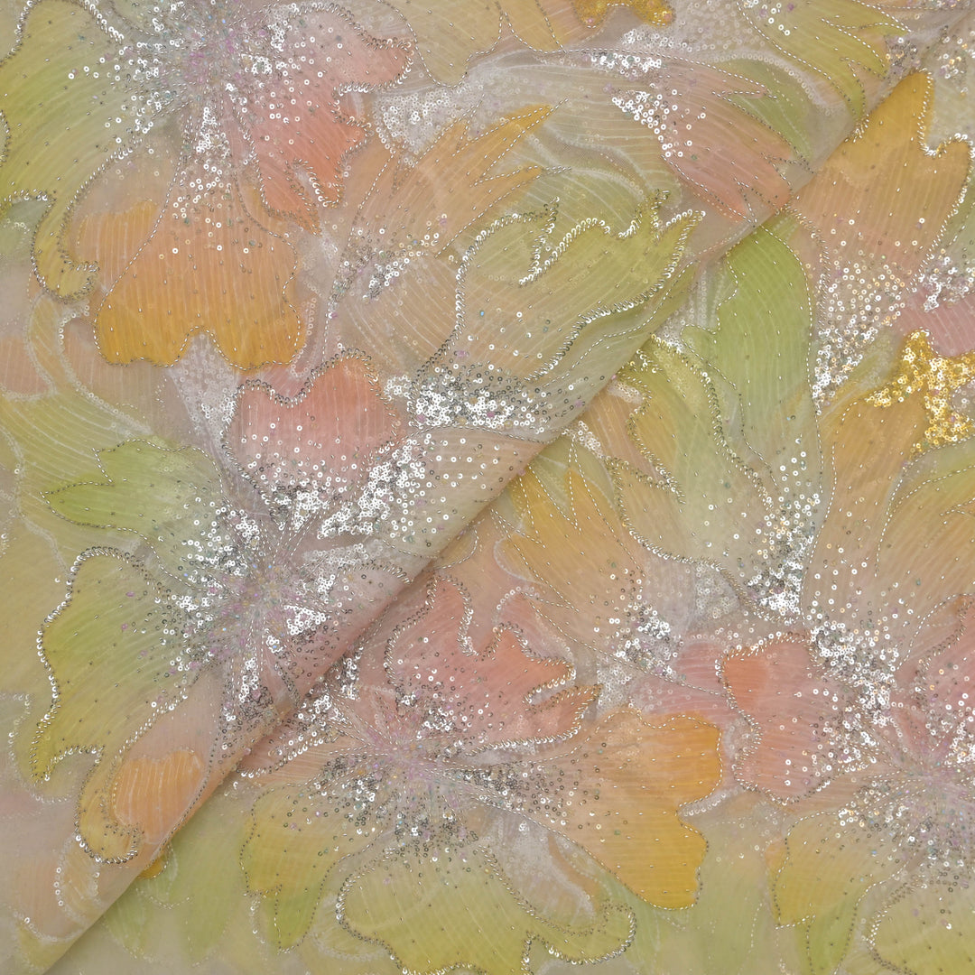 Lemon Yellow Imported Net Fabric with Sequins Embroidery