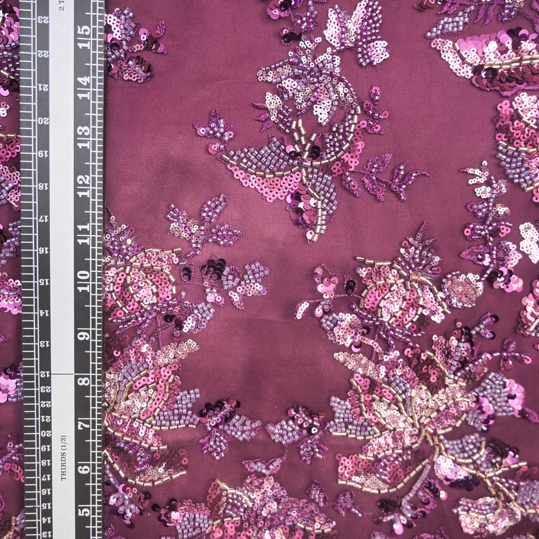 Burgundy Net Fabric with allover Cutdana, Sequins Embroidery