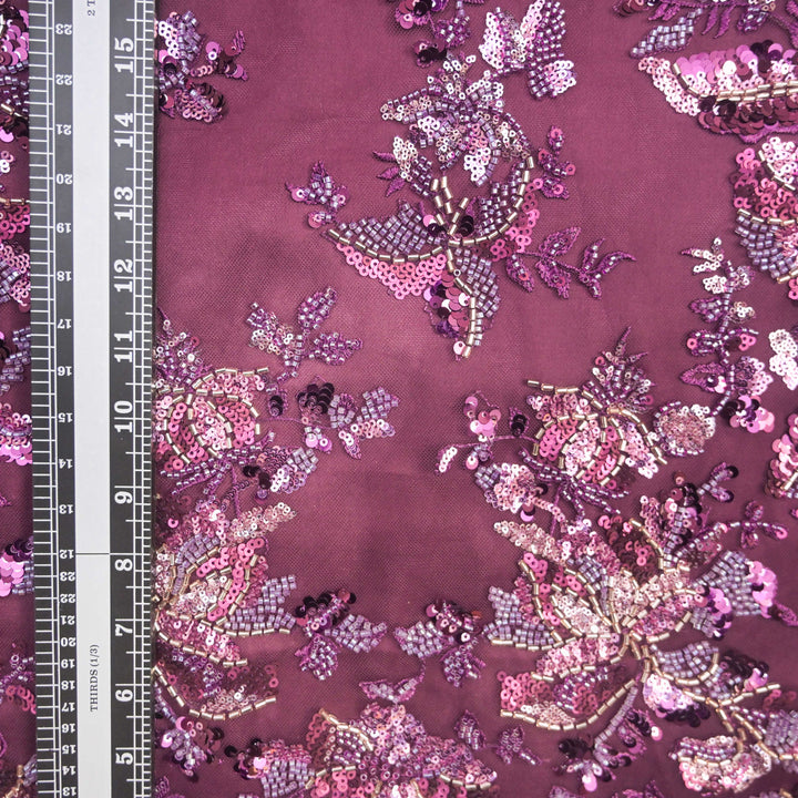 Burgundy Net Fabric with allover Cutdana, Sequins Embroidery