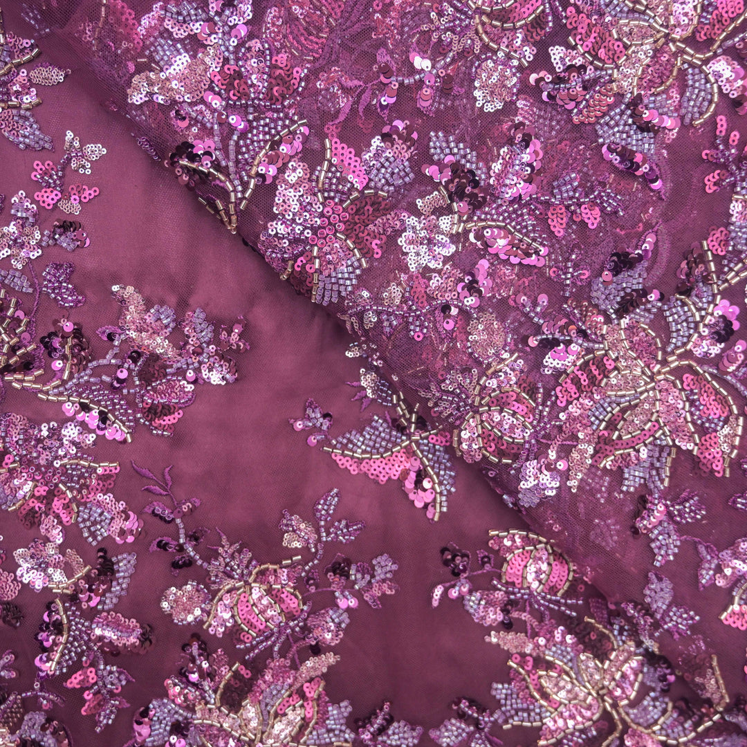 Burgundy Net Fabric with allover Cutdana, Sequins Embroidery