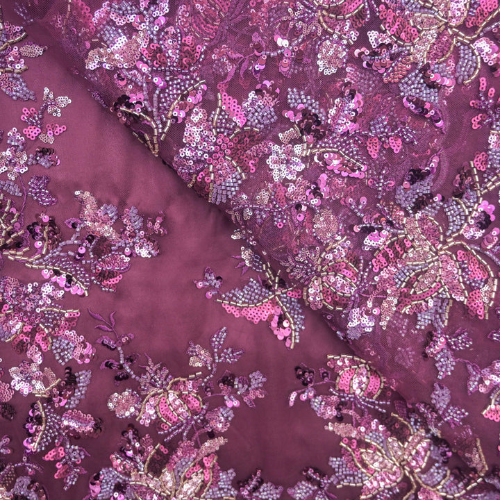 Burgundy Net Fabric with allover Cutdana, Sequins Embroidery