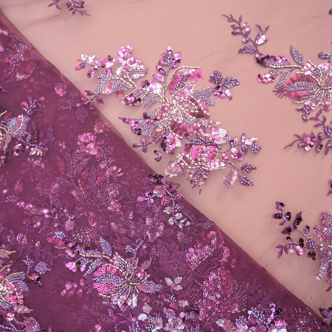 Burgundy Net Fabric with allover Cutdana, Sequins Embroidery