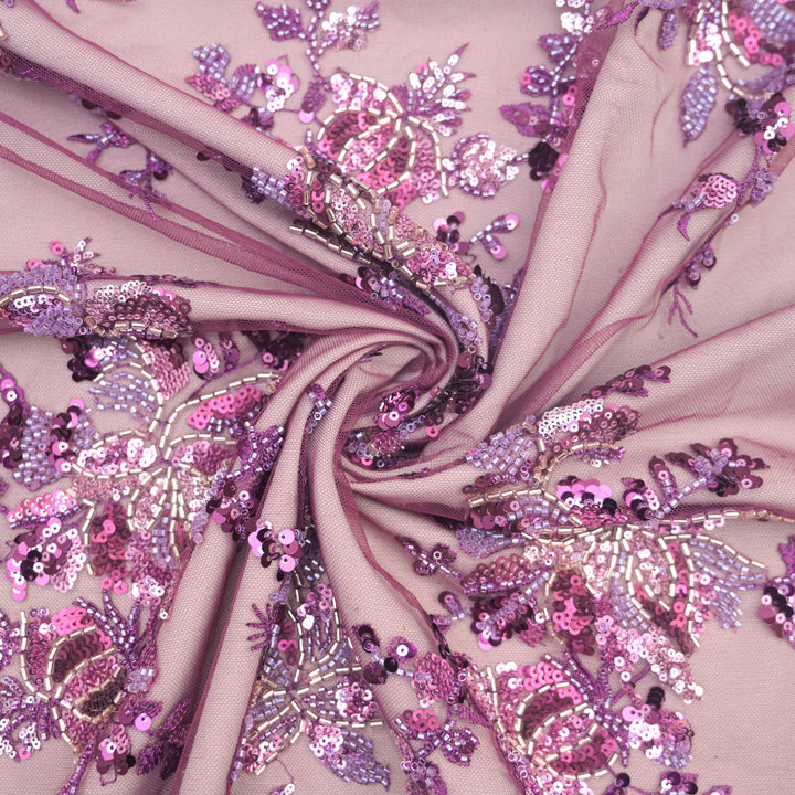 Burgundy Net Fabric with allover Cutdana, Sequins Embroidery