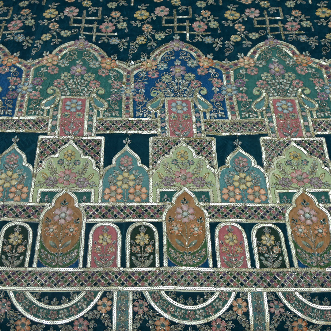 Crepe Position Print Zari With Sequins Embroidery Fabric