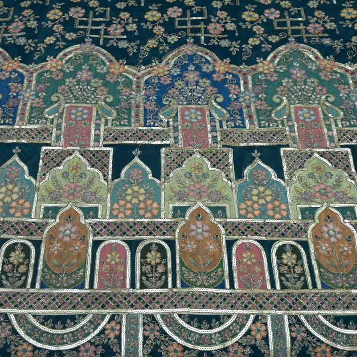 Crepe Position Print Zari With Sequins Embroidery Fabric