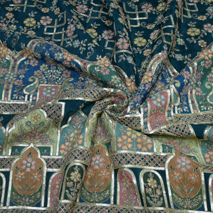 Crepe Position Print Zari With Sequins Embroidery Fabric