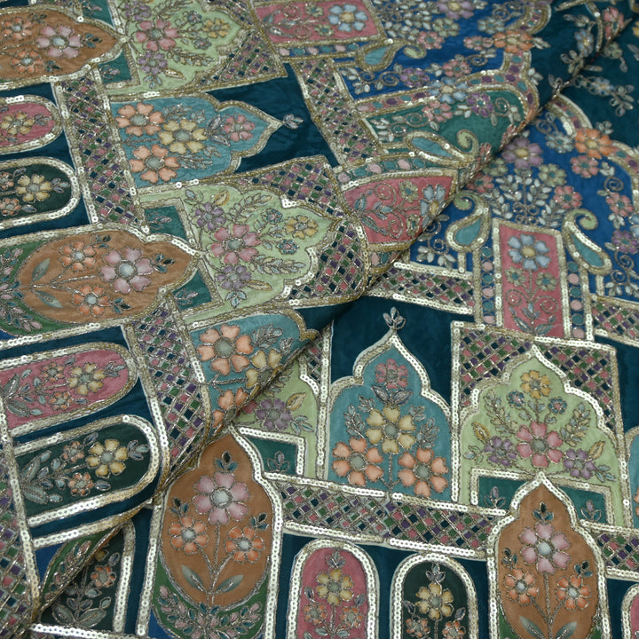 Crepe Position Print Zari With Sequins Embroidery Fabric