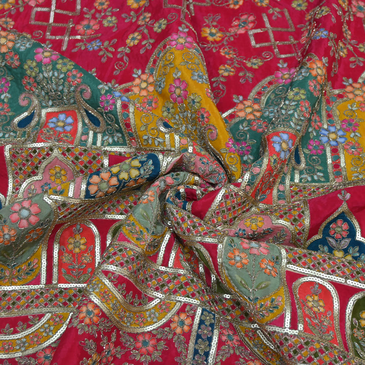 Crepe Position Print Zari With Sequins Embroidery Fabric