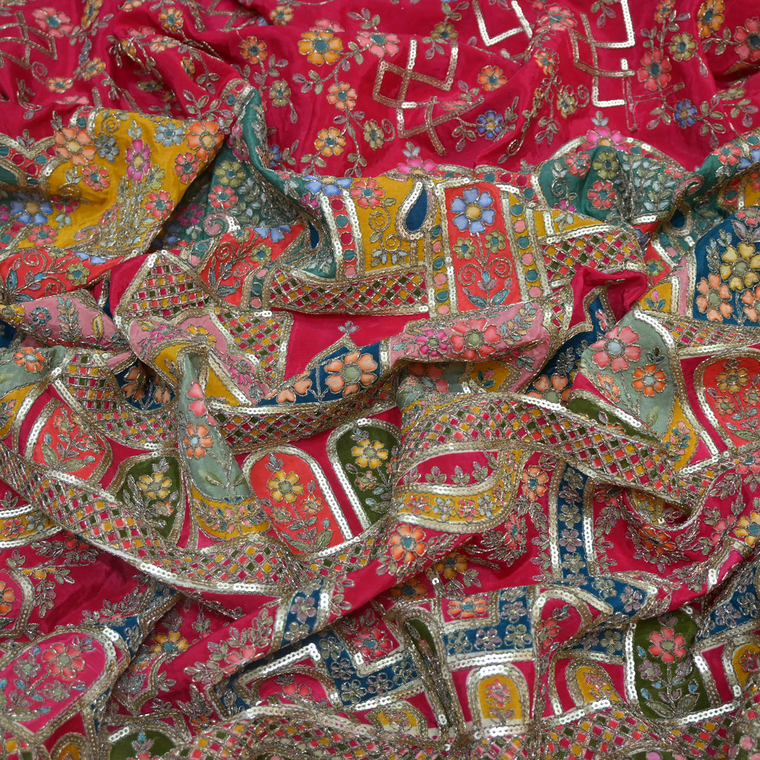 Crepe Position Print Zari With Sequins Embroidery Fabric