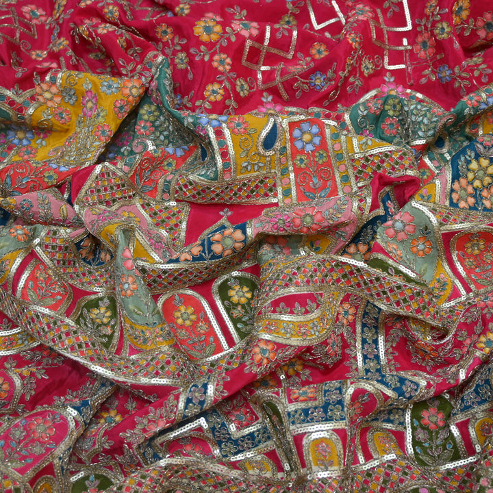 Crepe Position Print Zari With Sequins Embroidery Fabric