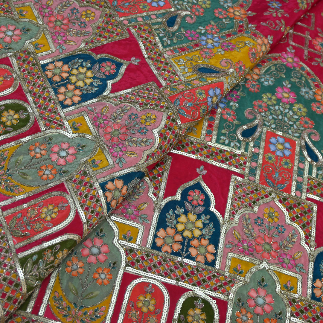 Crepe Position Print Zari With Sequins Embroidery Fabric