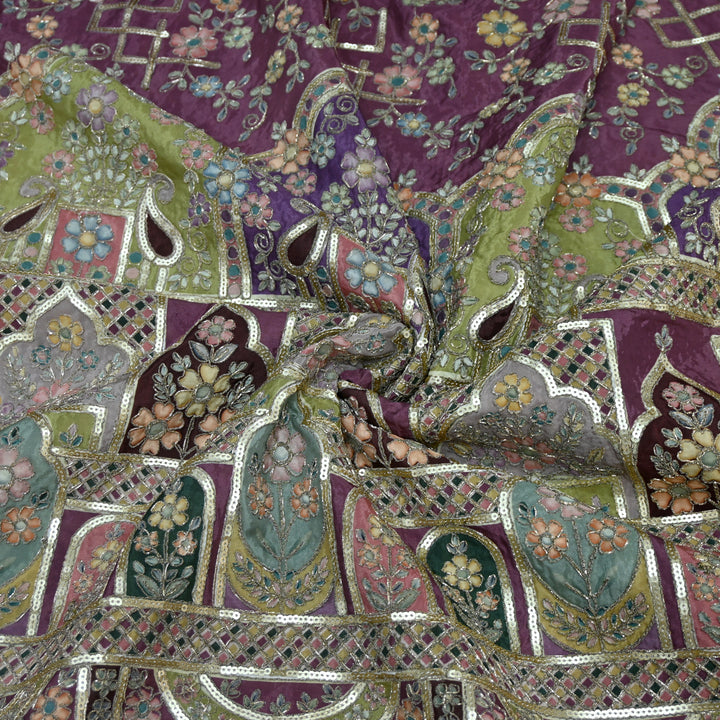 Crepe Position Print Zari With Sequins Embroidery Fabric