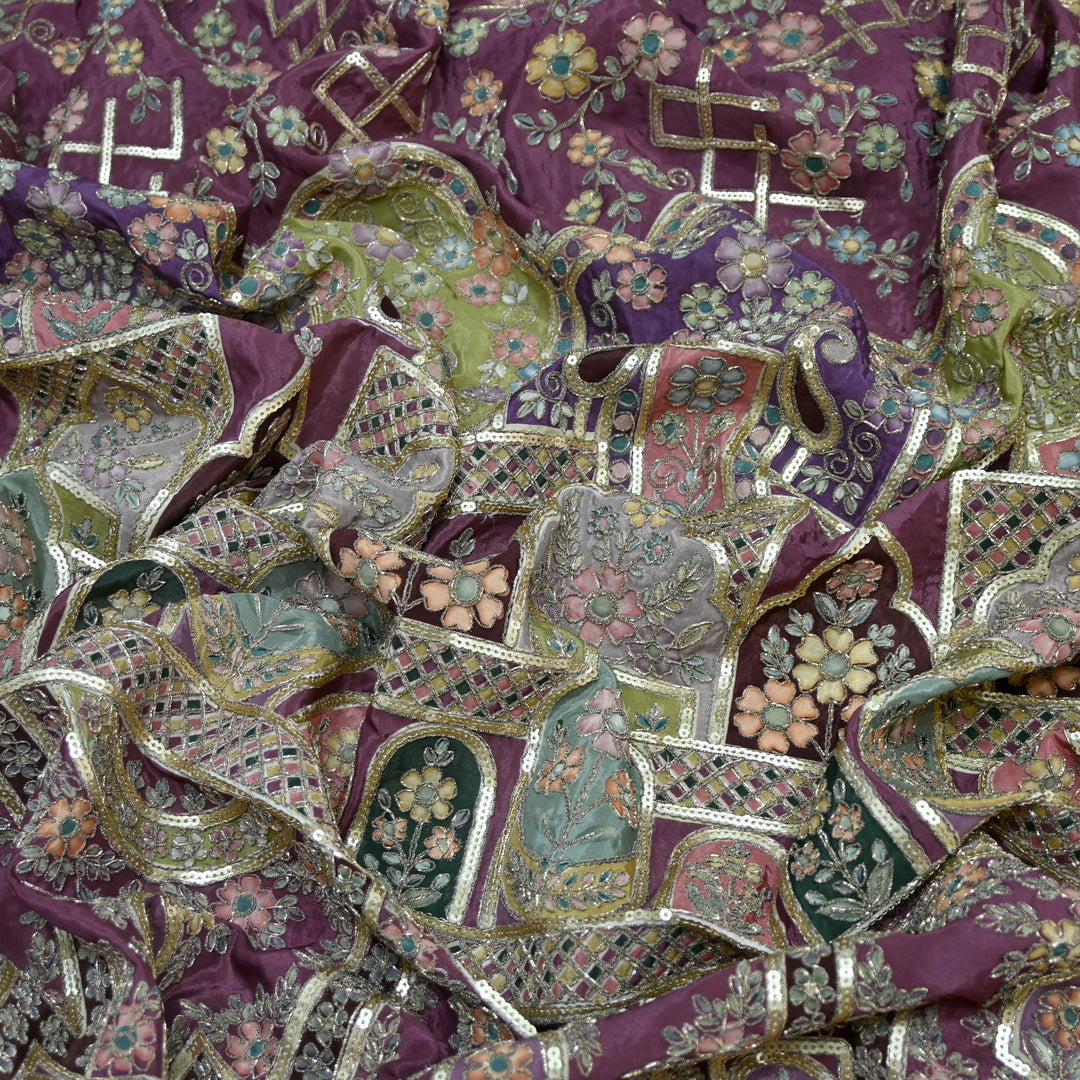 Crepe Position Print Zari With Sequins Embroidery Fabric