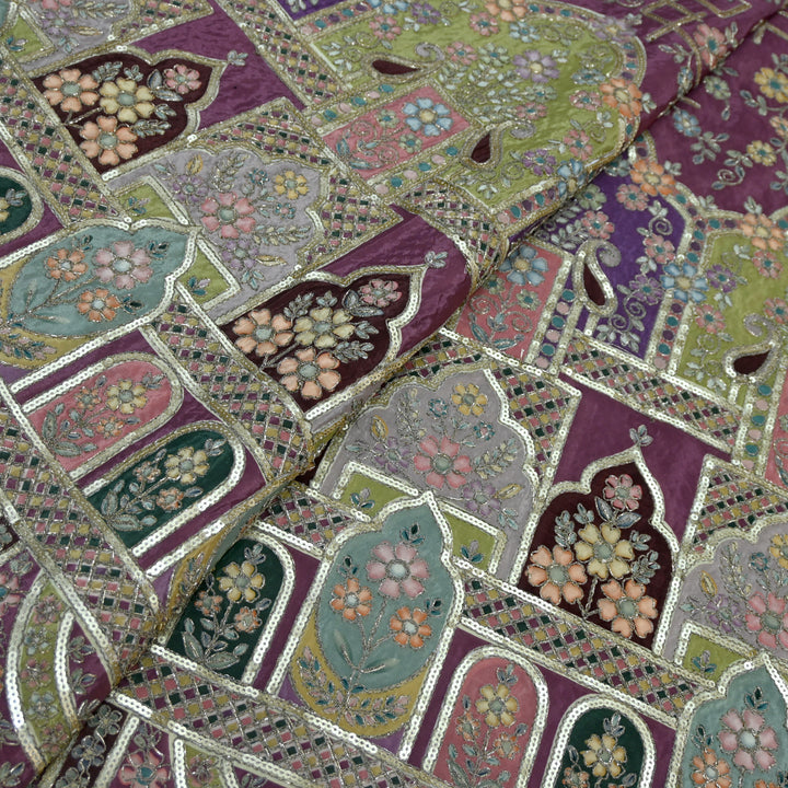 Crepe Position Print Zari With Sequins Embroidery Fabric