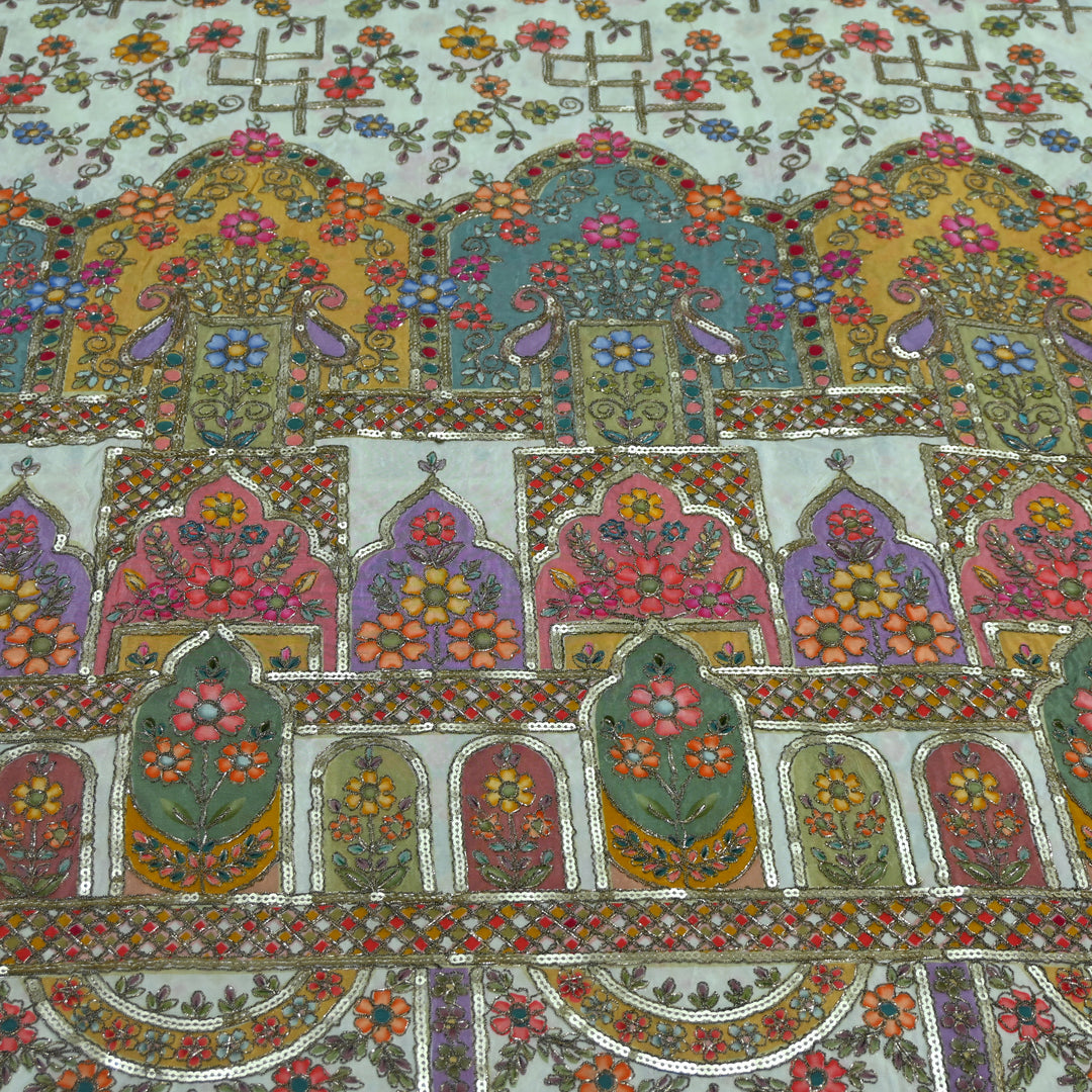 Crepe Position Print Zari With Sequins Embroidery Fabric