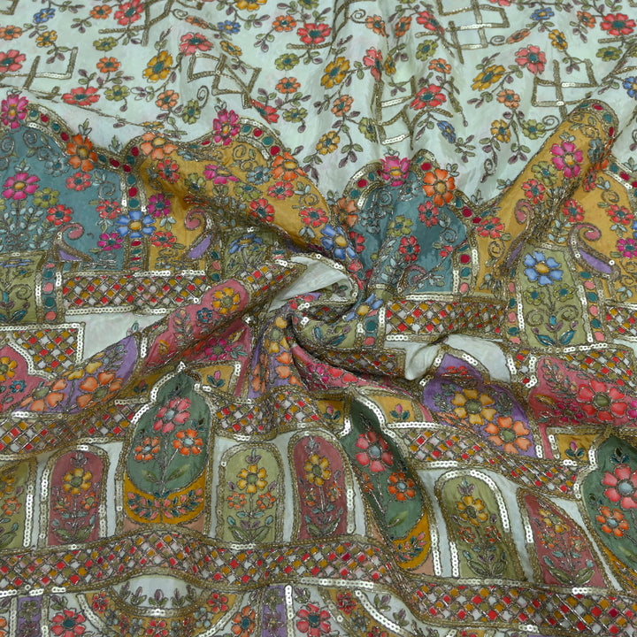 Crepe Position Print Zari With Sequins Embroidery Fabric