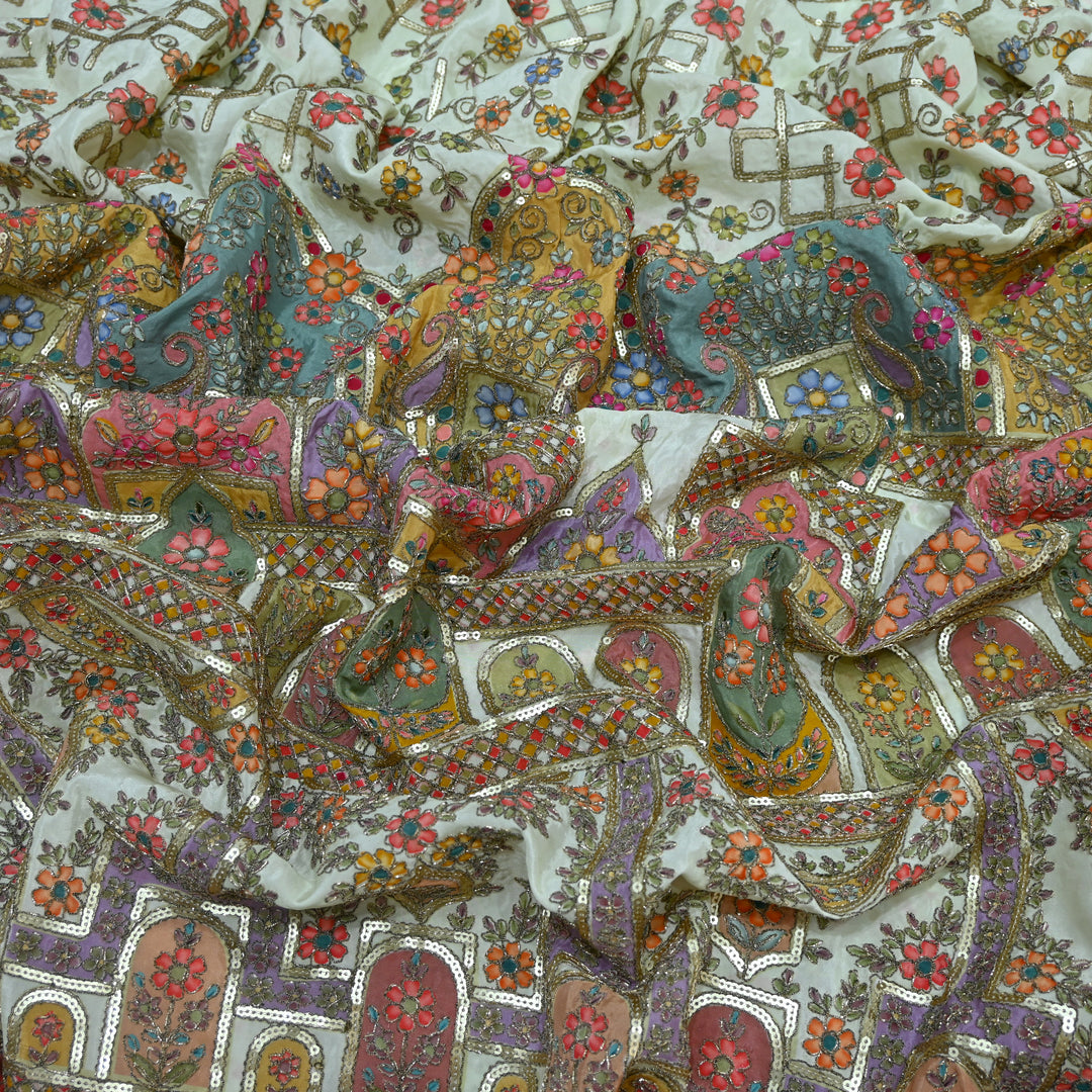 Crepe Position Print Zari With Sequins Embroidery Fabric