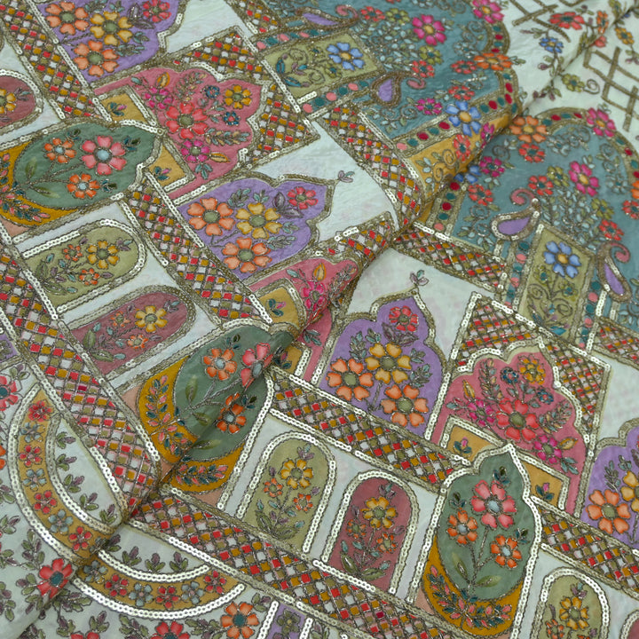 Crepe Position Print Zari With Sequins Embroidery Fabric