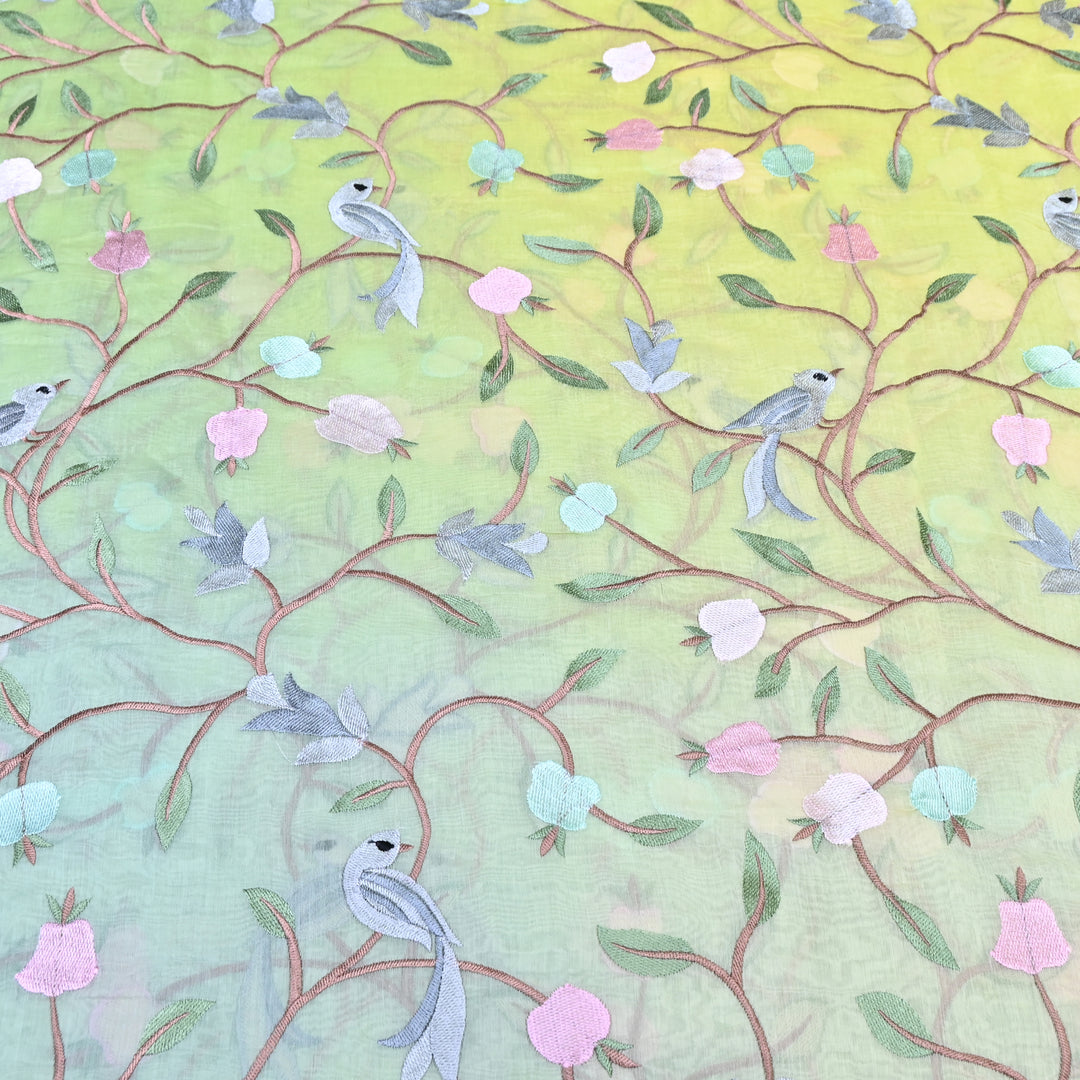 Shaded Color Mul Chanderi Thread Embroidery Fabric – Pastel Floral & Bird Embroidered Designer Fabric GP3927-1