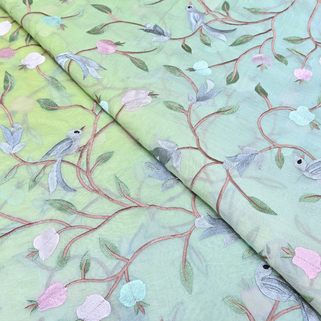 Shaded Color Mul Chanderi Thread Embroidery Fabric – Pastel Floral & Bird Embroidered Designer Fabric GP3927-1