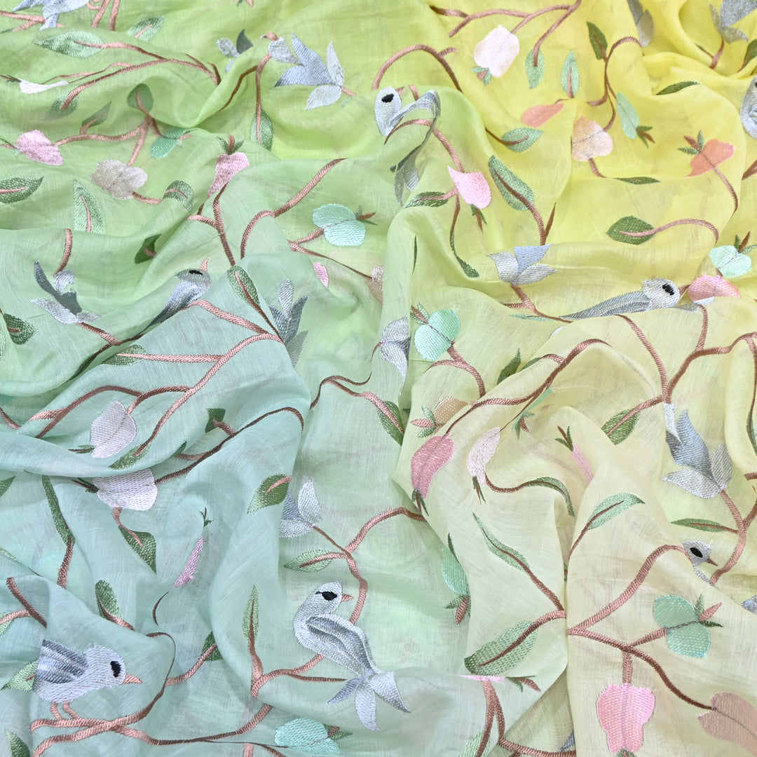 Shaded Color Mul Chanderi Thread Embroidery Fabric – Pastel Floral & Bird Embroidered Designer Fabric GP3927-1