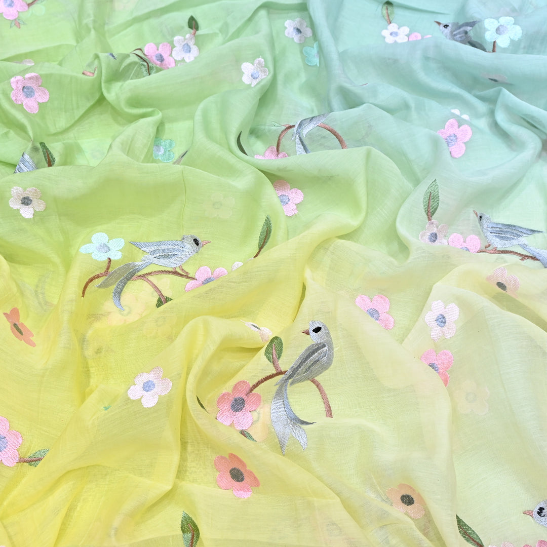 Shaded Color Mul Chanderi Thread Embroidery Fabric – Pastel Floral & Bird Embroidered Designer Fabric G3927A-1