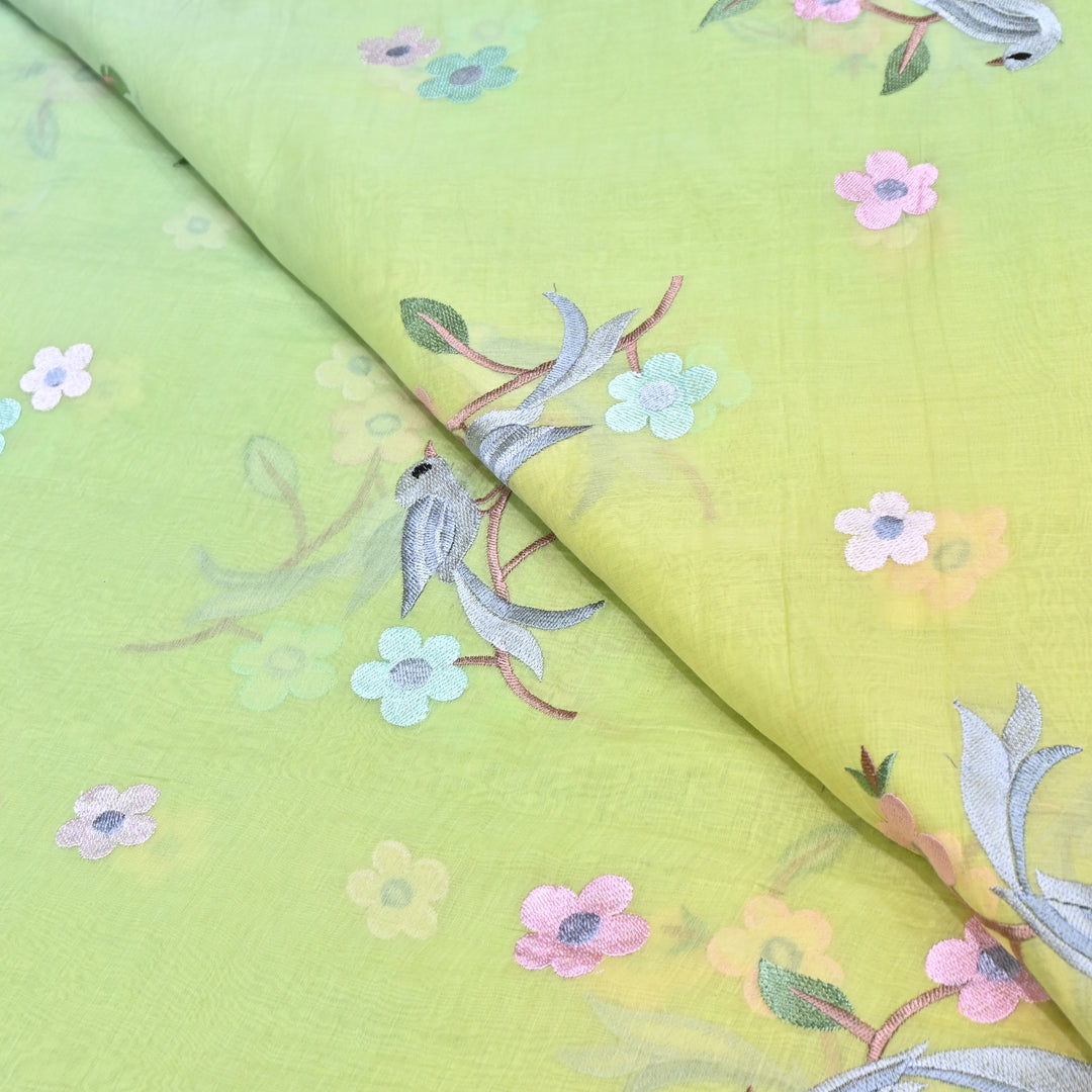 Shaded Color Mul Chanderi Thread Embroidery Fabric – Pastel Floral & Bird Embroidered Designer Fabric G3927A-1