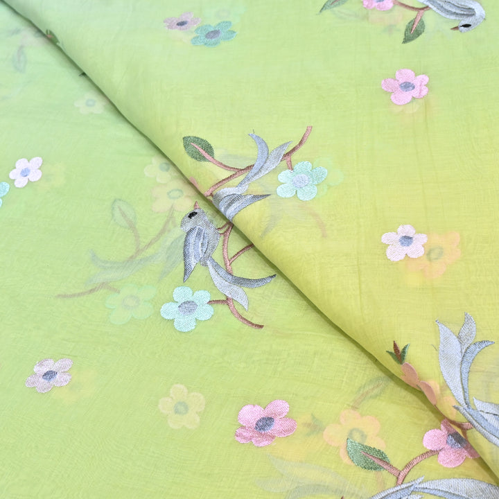 Shaded Color Mul Chanderi Thread Embroidery Fabric – Pastel Floral & Bird Embroidered Designer Fabric G3927A-1