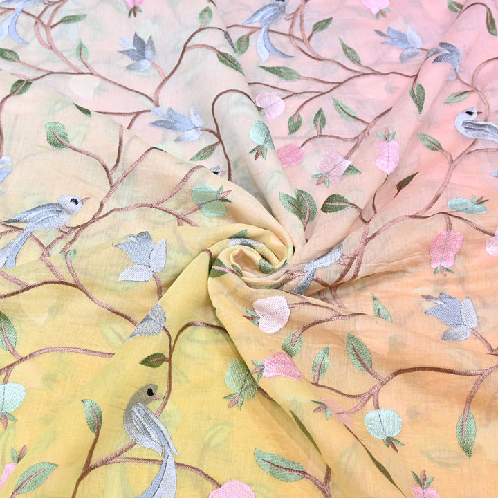 Shaded Color Mul Chanderi Thread Embroidery Fabric – Pastel Floral & Bird Embroidered Designer Fabric GP3927-2