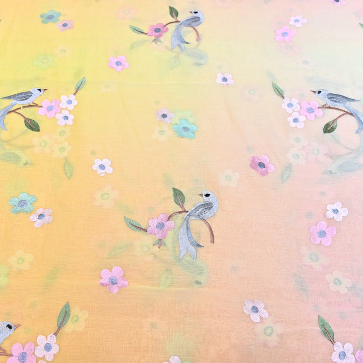 Shaded Color Mul Chanderi Thread Embroidery Fabric – Pastel Floral & Bird Embroidered Designer Fabric G3927A-2