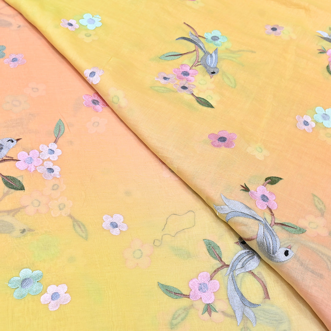 Shaded Color Mul Chanderi Thread Embroidery Fabric – Pastel Floral & Bird Embroidered Designer Fabric G3927A-2