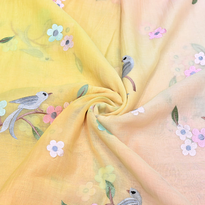Shaded Color Mul Chanderi Thread Embroidery Fabric – Pastel Floral & Bird Embroidered Designer Fabric G3927A-2