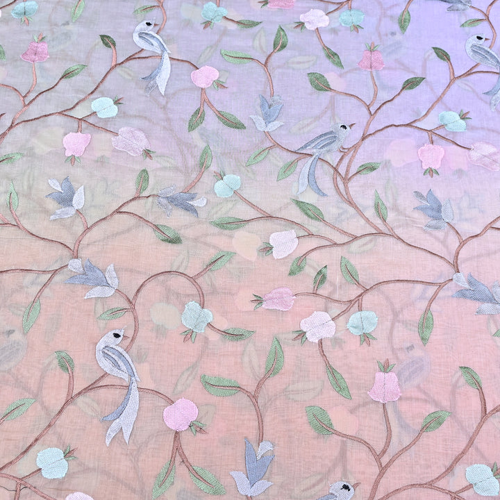 Shaded Color Mul Chanderi Thread Embroidery Fabric – Pastel Floral & Bird Embroidered Designer Fabric GP3927-3