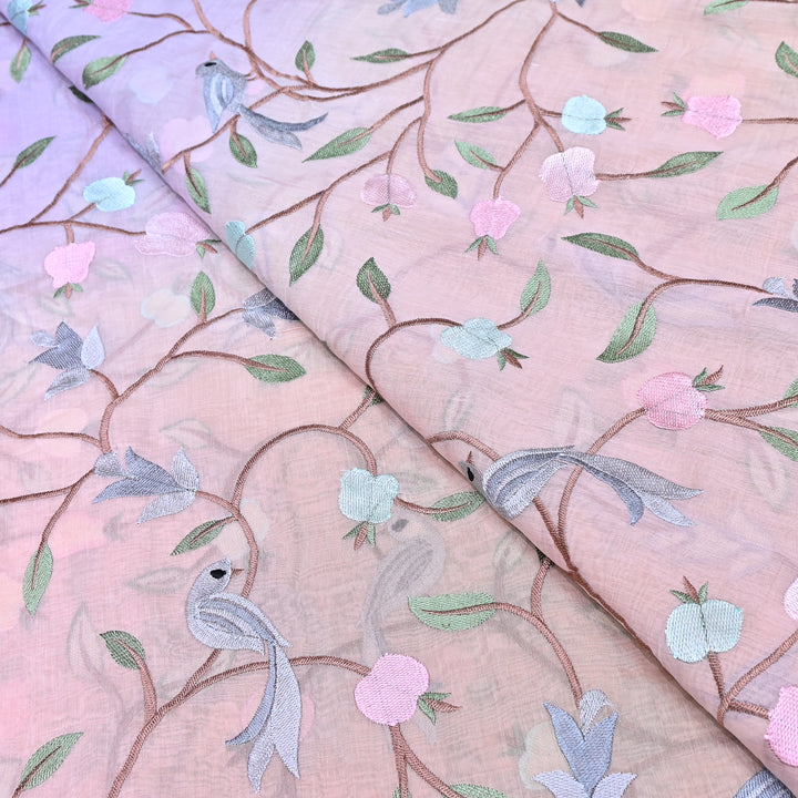 Shaded Color Mul Chanderi Thread Embroidery Fabric – Pastel Floral & Bird Embroidered Designer Fabric GP3927-3