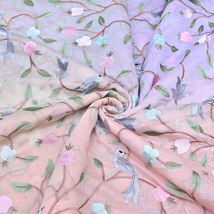 Shaded Color Mul Chanderi Thread Embroidery Fabric – Pastel Floral & Bird Embroidered Designer Fabric GP3927-3