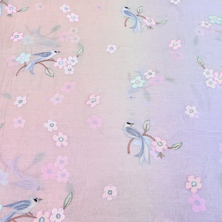 Shaded Color Mul Chanderi Thread Embroidery Fabric – Pastel Floral & Bird Embroidered Designer Fabric G3927A-3