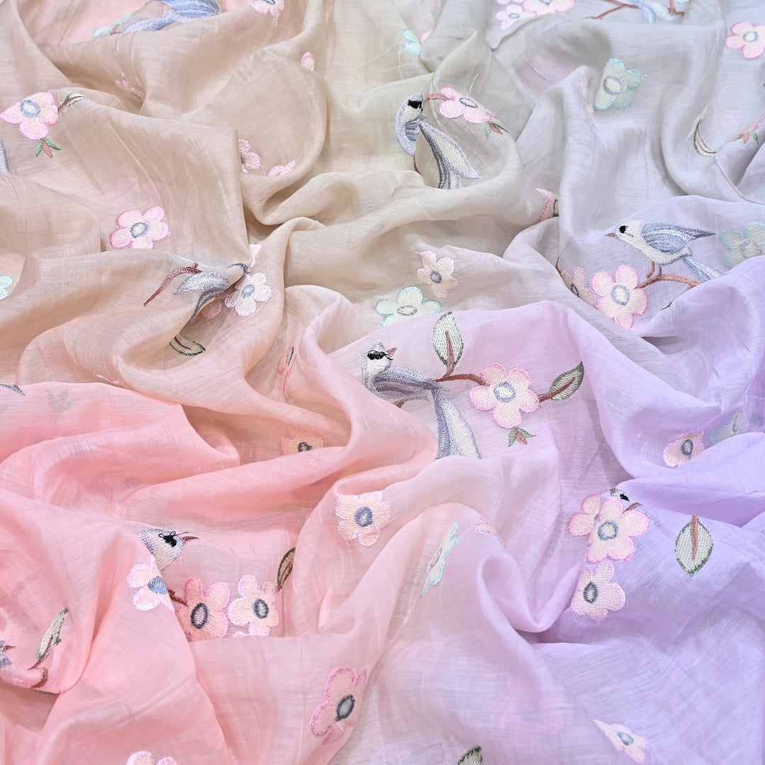 Shaded Color Mul Chanderi Thread Embroidery Fabric – Pastel Floral & Bird Embroidered Designer Fabric G3927A-3