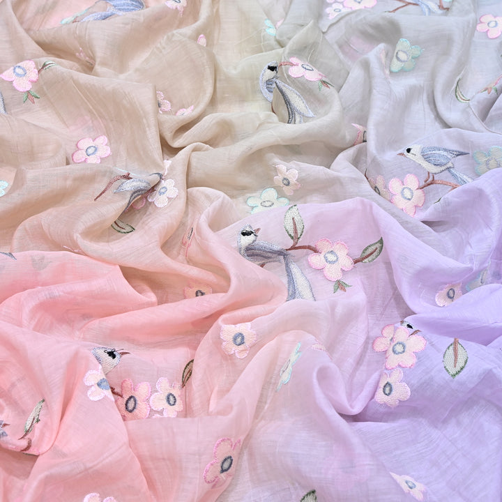 Shaded Color Mul Chanderi Thread Embroidery Fabric – Pastel Floral & Bird Embroidered Designer Fabric G3927A-3